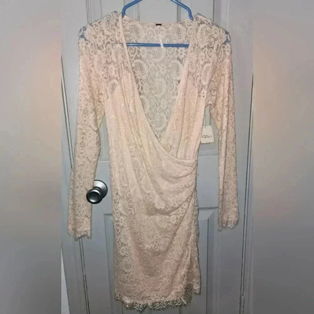 NWT Free People Pearl Lace Long Sleeve Romantic Date Night Mini Dress Women's XS